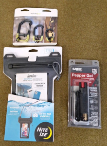 (1) NiteIze, Waterproof Pouch, (1) Sabre Peper Gell Spray & (1) MinuteKey Apex Carabiner Trio