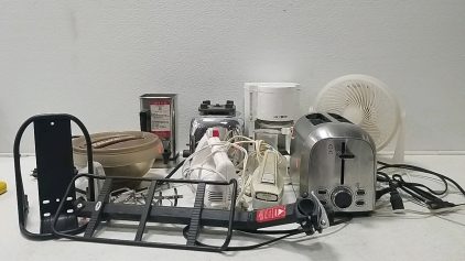 Assorted Kitchen Appliances and utilities, Fan, Biking equipment