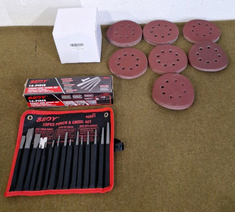 (1) Box Of Assorted Grit 5" Sanding Disks & (1) SEDY 16-Piece Punch & Chisel Set