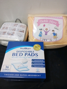 1) Disposable Bed Pads 1) Six Pack Table Skirts