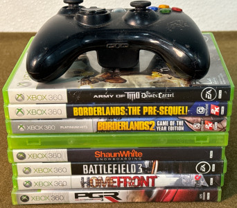 (8) Xbox 360 Games Including Gears Of War 2, Borderlands: The Pre-Sequel!, Homefront & More, Plus (1) Xbox Wireless Controller (AA Batteries Required, No Cord)