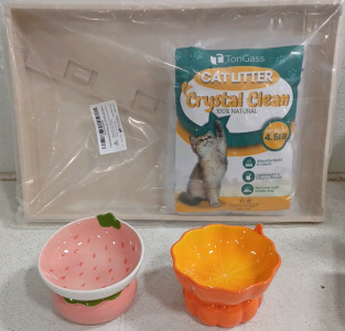 (1) TonGass litter box refill (1) Set Of 2 Strawberry & Pumpkin Shaped Cat Bowls