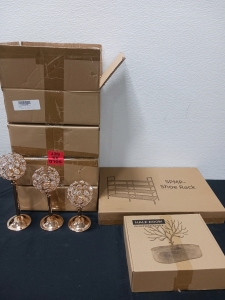 12 Pack Gold Colored Candle Holders, Shoe Rack And More