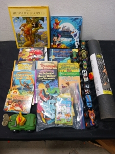 (11) Childrens Books, (8) Toy Monster Trucks & Yoga Mat