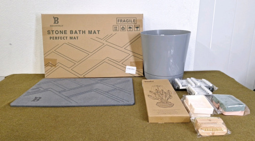 (1) Brightly Stone Bathmat, (1) Plant Pot 12" Diameter x 12" Tall, (1) Halo Potted Plant Grow Light & (5) Silicone Soap Dish Sets & (1) Fingernail Brush Set