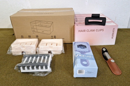 (1) Bathroom Makeup Organizer, (5) 8-Packs Of Aurkath Hair Claw Clips, Hairbrush & More
