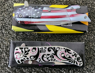 (2) Pocket Knives- Bone Edge American Flag, Rhinestone Style Femme Fatal