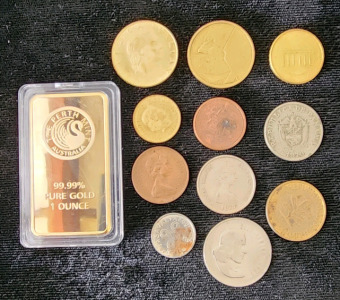 (11) Assorted Foreign Coins, (1) Perth Mint Gold Novelty Bar
