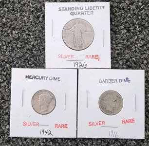1926 Standing Liberty Quarter, 1916 Barber Dime, 1942 Mercury Dime