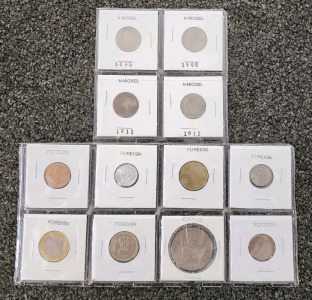 (4) V-Nickles, (8) Assorted Foreign Coins