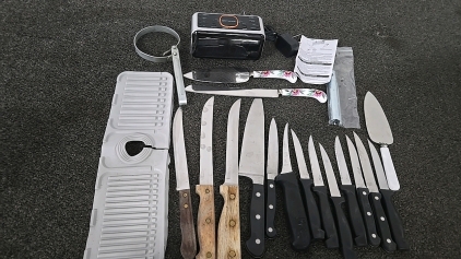 (1) Set of 16 Knives (1) Back of the Sink Silicone Drain (1) Alarm Clock Radio with Instructions and More