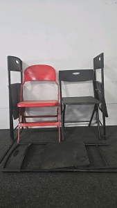 (1) Set of 4 Black Foldable Chairs (1) Red Foldable Chair