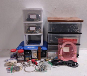 (2) Plastic Dresser w/ Assorted Power Cords, Phones, Door Knobs & Stand Legs, And More! (R2)
