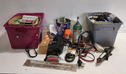 (1) Tote Full of Assorted Wires, cords, screws, nails; (1) Bucket Full of Assorted Screws, Bolts, & Nails; Jumper Cable; & More!
