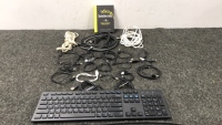 Keyboard, charging cords, and more