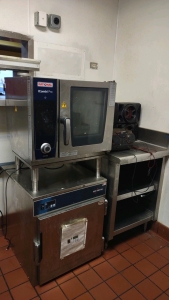 (1) Rational iCombi Pro, (1) Alto-Shaam Holding Cabinet, (1) Metal Counter & LG Stereo w/ Speakers