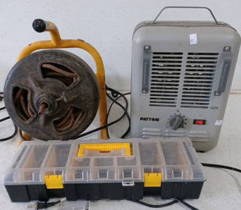 (1) Plumbing Snake - Powers On (1) Patton Space Heater (1) Tool Organizer (1) Tote w/ Lid