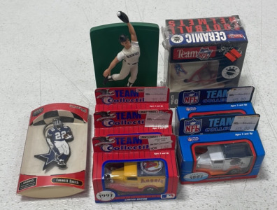 (5) Matchbox Team Collection Cars, Ceramic NFL Helmet, Baseball Figure, & NFL Laser Cut Magnet
