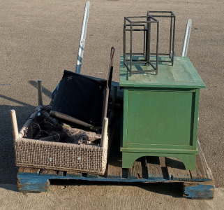 (2) Saw Horses (1) Green Night Stand (2) Small Folding Chairs