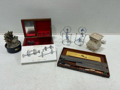 Vintage Leroy Lettering Set (1) Metal Earth Bridge Model, Oriental Jewelry Box W/ Misc. Jewelry And More!