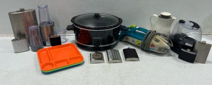 (1) Crock pot (1) Dust devil shampooer (1) Bullet blender w/ cups (1) Collection of flasks