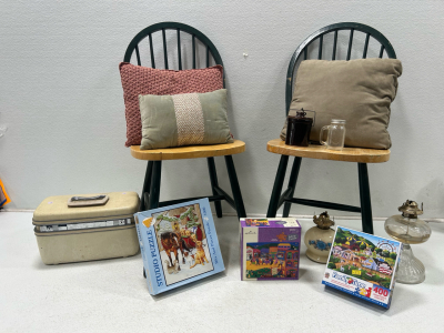 (1) Pair of chairs (3) Throw pillows (10) Misc. puzzles and more!!!