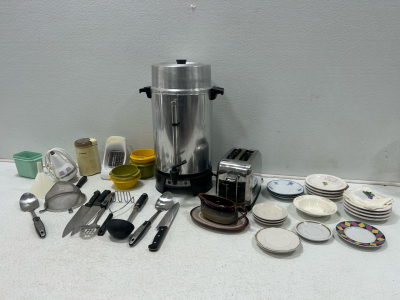 (1) Large liquid roaster (1) Box of cooking utensils (1) hand mixer and more!!!
