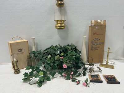 (1) Fake plant (2) Hanging brass fixtures (1) Assorted glass decorations and more!!!