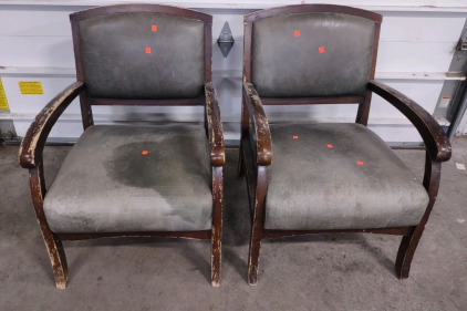 (2) Green Leather Padded Wooden Workshop Chairs