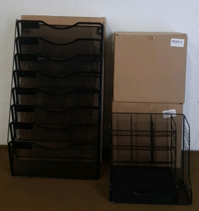(1) 8-Pocket Metal Hanging, Wall File/Magazine Holder & (2) Metal Desk Organizers W/ Drawer