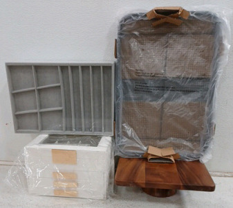 (1) Fixwal 13.8" Jewelry Organizer Trays (1) Fixwal Jewelry Organizer Box (1) Villa Acacia Square Cake Stand (1) 17" Crisper Basket & Tray (Grey)