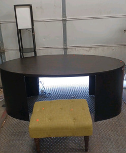 (1) Dark Wood Desk w/ Metal Wrapping Support Legs 6' W x 31.5" L x 29.5" H (1) Vintage Looking Green Cushion Stool (1) 3-Tier Japanese Style Floor Lamp