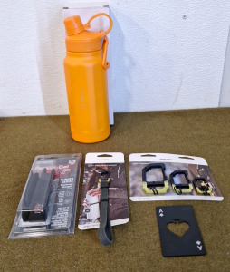 (1) Xylem Pop Vacuum Insulated Water Bottle, (1) Sabre Pepper Jell Spray, MinuteKey Apex Cinch Strap Carabiner, (1) MinuteKey Apex Carabiner Trio & (1) Ace Card Bottle Opener