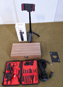 (1) Pellking Mini Tripod, (1) 3.5MM Audio Jack Extension Cable, (1) Walnut Box & (1) Ace Card Bottle Opener
