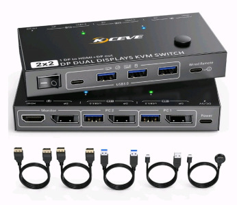 (1) Displayport KVM Switch 2 Monitors 2 Computers 8K@60Hz，4K@144Hz. USB3.0 MST KVM Switch Dual Monitor for 2 Computers Share 2 Monitors and 4 USB Devices Support Extended/Copy Mode with Desktop Controller