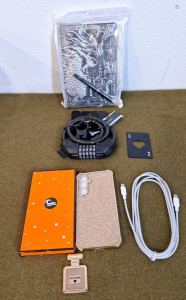 Samsung S20FE Cell Phone Case Gold, USB-C To USB-C Cable, Bike Lock, (1) Ace Card Bottle Opener & (1) Dragon Journal