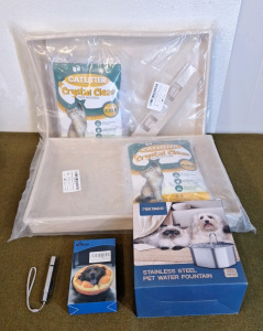 (2) Litter Box Kits, Each W/ (1) 4.5 Lb Bag Of Cat Litter, (1) Stainless Steel Pet Water Fountain, (1) Inflatable Pet Collar & (1) Laser Toy