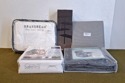 (1) Queen Size Quilt Set, (1) Queen Size Mattress Protector, (1) Countertop Corner Shelf, (1) 3-Pack Of Fabric Storage Boxes & (1) Recliner Slipcover