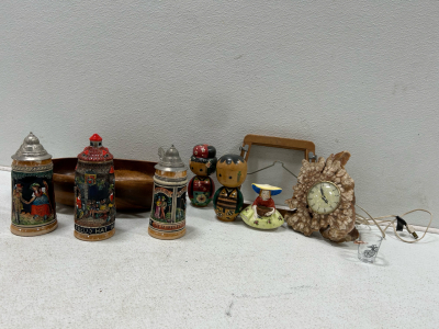 (3) Beersteins (2) Kokeshi Dolls (1) Tennis press and more!
