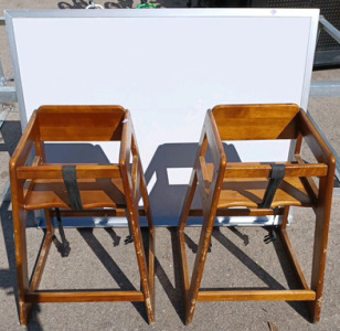 (2) Highchair - Wood - 27"H (1) Whiteboard - Metal Frame - 48"W&times;36"H