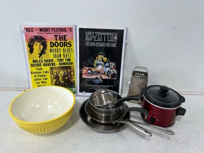 (2) Concert posters & Assorted cookware