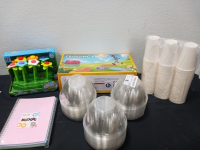 (1) Crossing Stone (1) Splash Flower Sprinkler Plastic Bowls Paper Cups And More