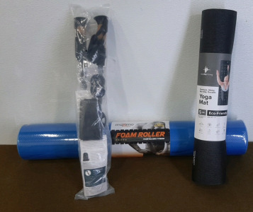 (1) TrailBuddy Trekking Pole Set, (1) Maximo Fitnes Foam Roller & (1) NewMe Fittness Yoga Mat