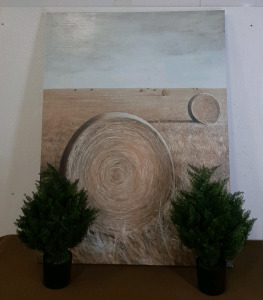 (1) Yihui Arts Rustick Canvas Wall Painting, Vertical Senic Picture 35-1/2"W x 47"T & (2) Artificial Topiary Ball Trees, 20''T Artificial Cedar Topiary Trees<br/><br/><br/>