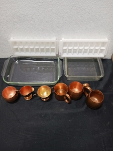 (2) Glass Pyrex Baking Trays (2) Ice Trays (6) Copper Cups