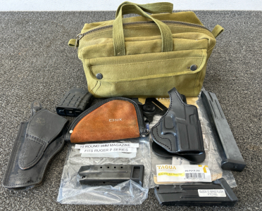 Firearm Accessories: Magazine Clips, Green Bag And Holsters