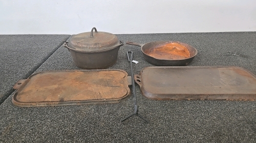 (1) Cast Iron Skillet (1) Cast Iron Dutch Oven (2) Cast Iron Griddles (1) Dutch Oven Lid Lifter