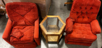 (2) Orange/Red Recliner Chairs, With Light Wooden Night Stand-EB