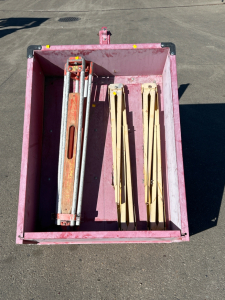 Small Utility Trailer, Pair of Metal Saw Horses and Surveyor Tripod Stand