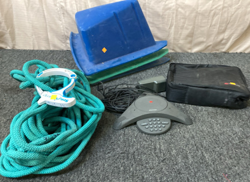 (3) LARGE PLASTIC TRIANGLES. POLYCON CONFERENCE PHONE, LARGE GREEN BOAT TOW ROPE.